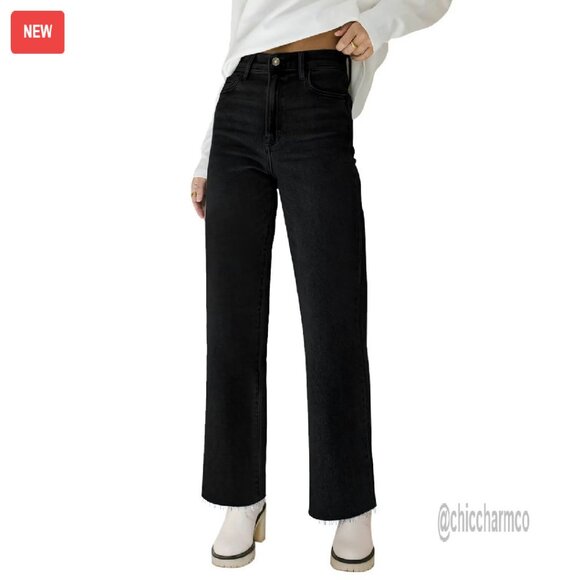 High Waisted Straight Leg Jeans Raw Hem Cropped Stretchy Wide Leg Pants